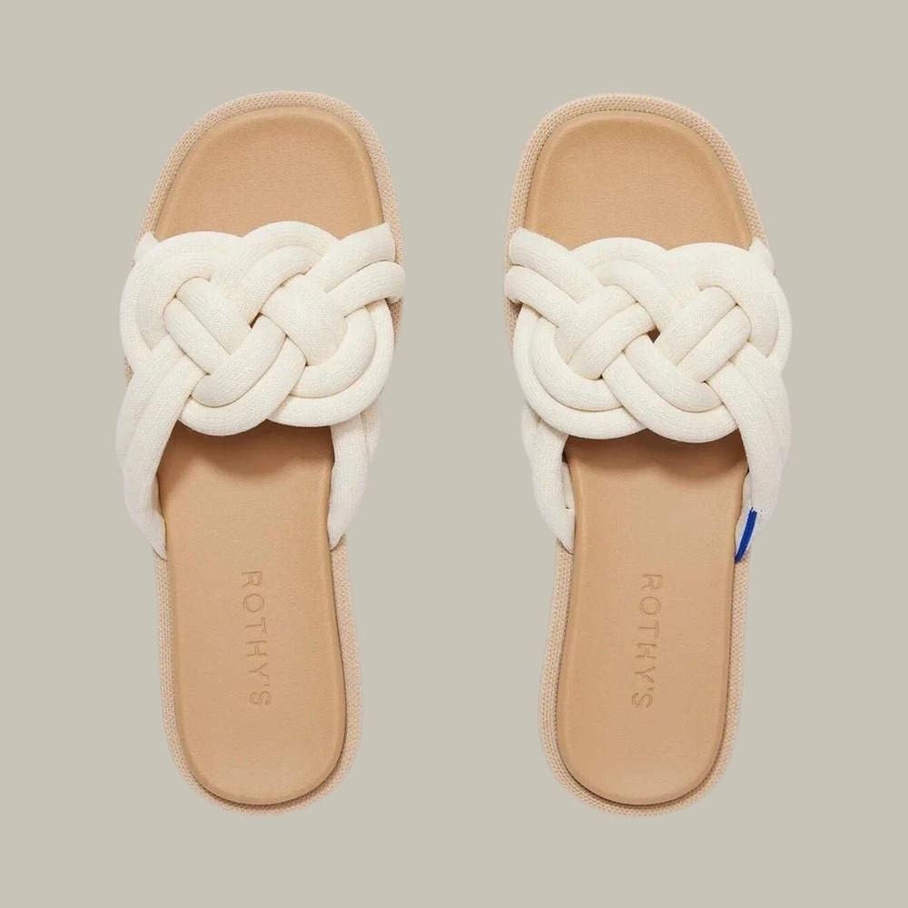 Rothy's The Summer Sandal White Sand Braided Knot Slides Women's Size 9.5 NEW